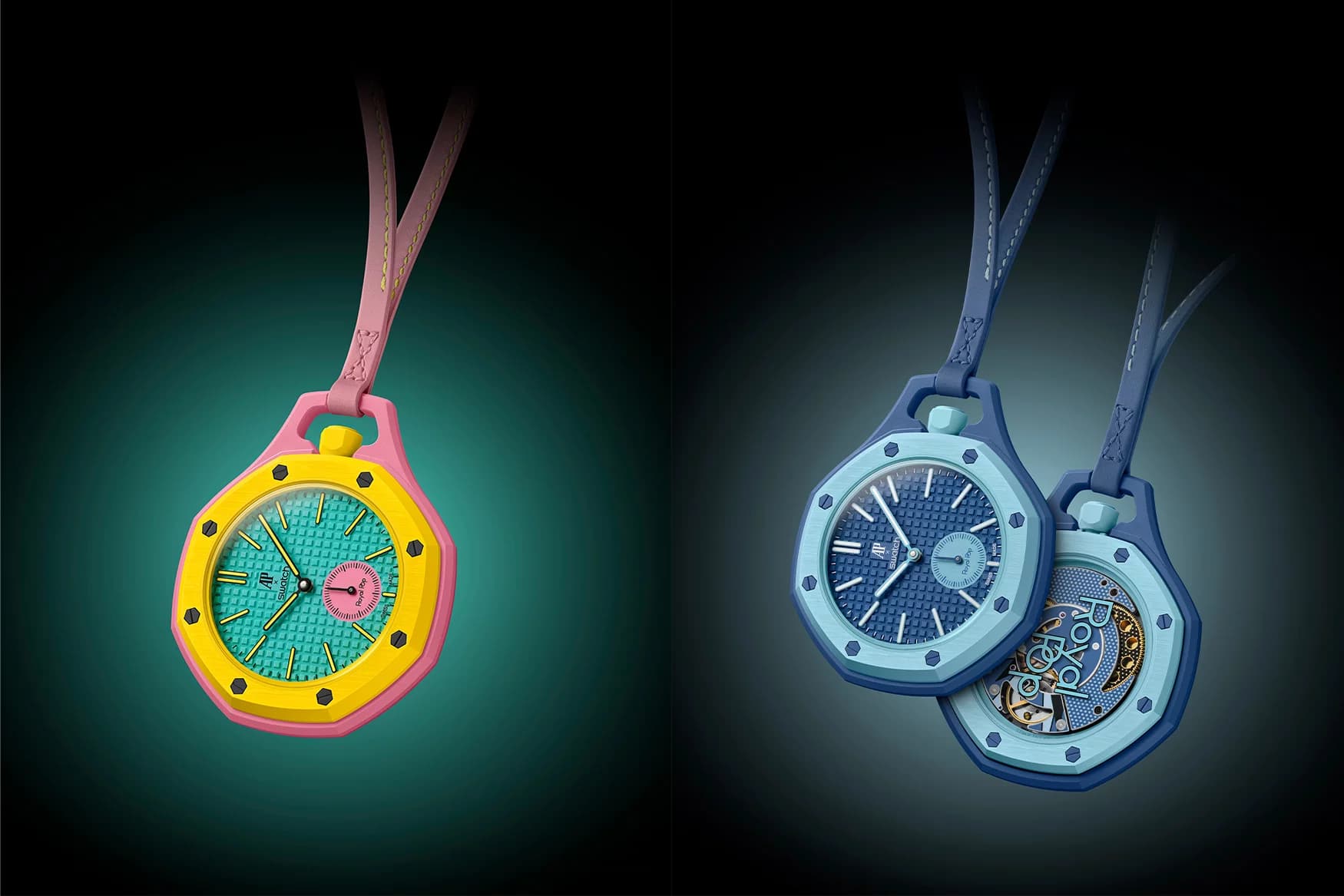 Audemars Piguet x Swatch Royal Pop bioceramic pocket watches in pink, yellow and blue colorways