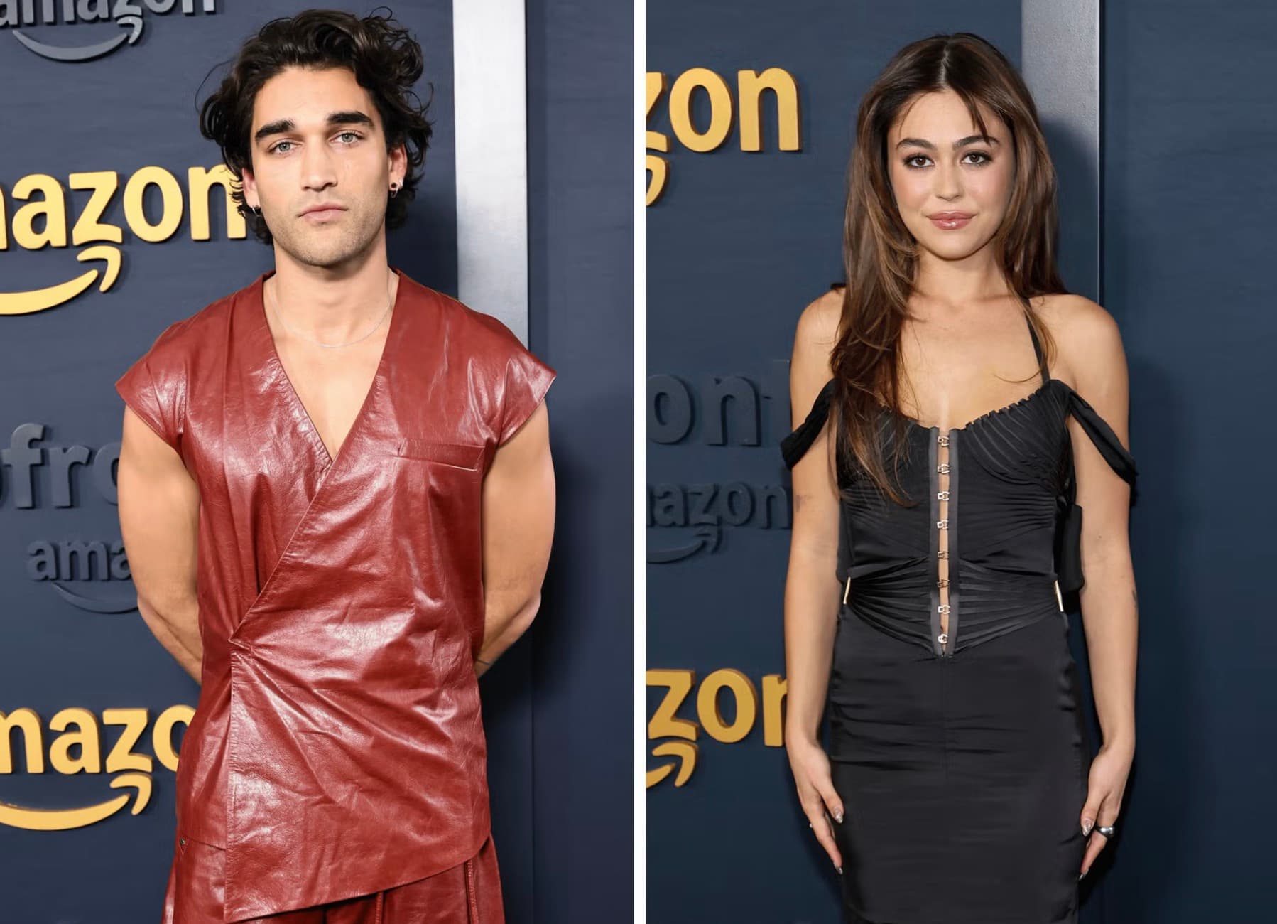 Josh Heuston in a red leather top and Mika Abdalla in a black dress photographed on a red carpet
