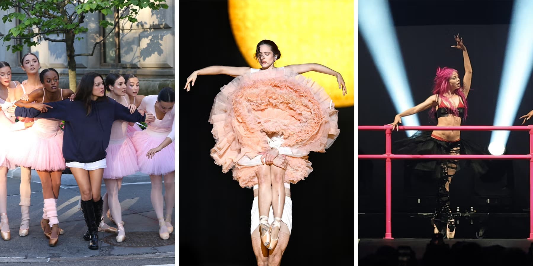 Ballerinas in blush pink leotards and pointe shoes dancing on a city street at dawn