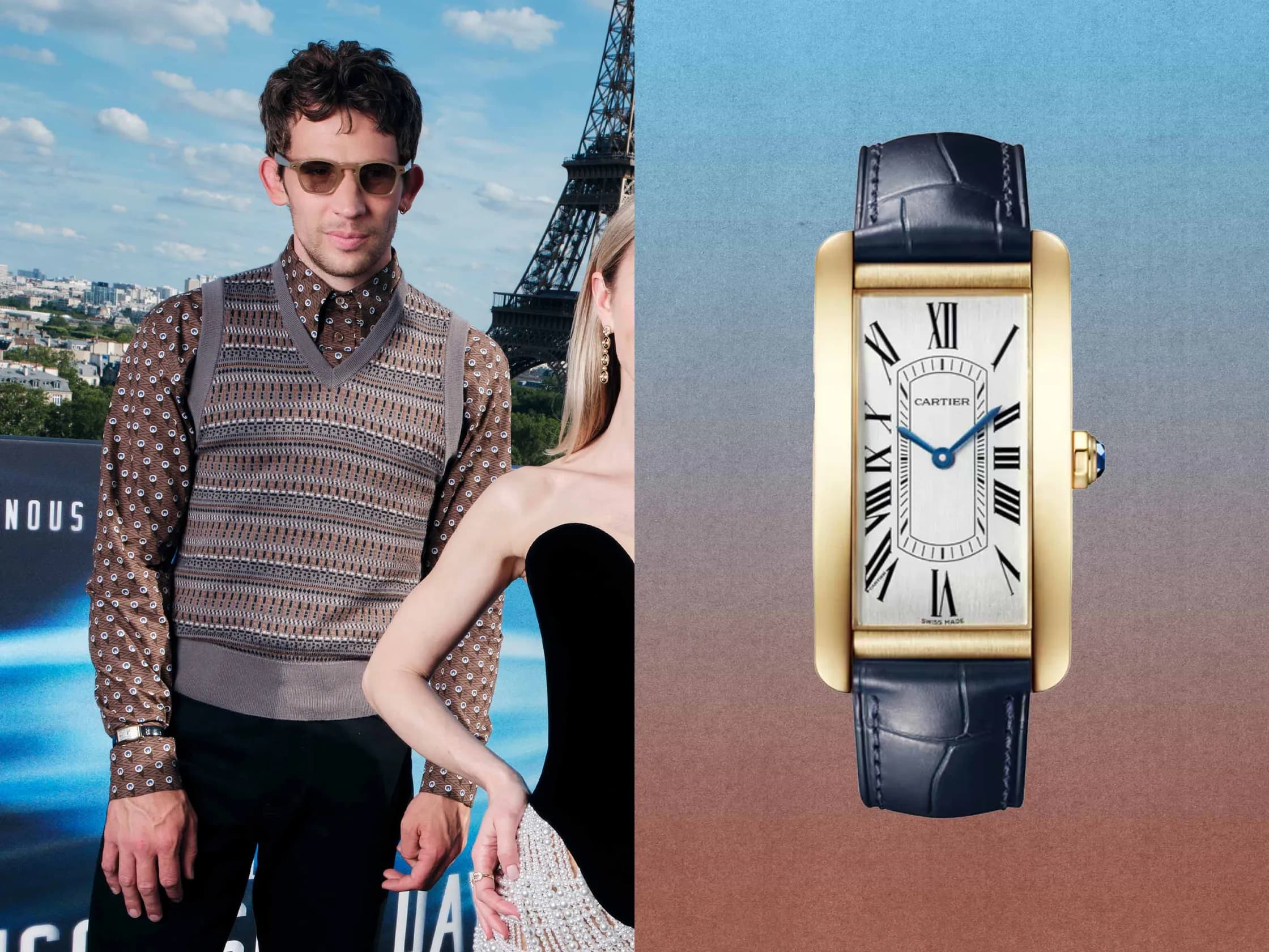 Josh O'Connor in Paris beside a yellow-gold Cartier Tank Americaine on a blue strap