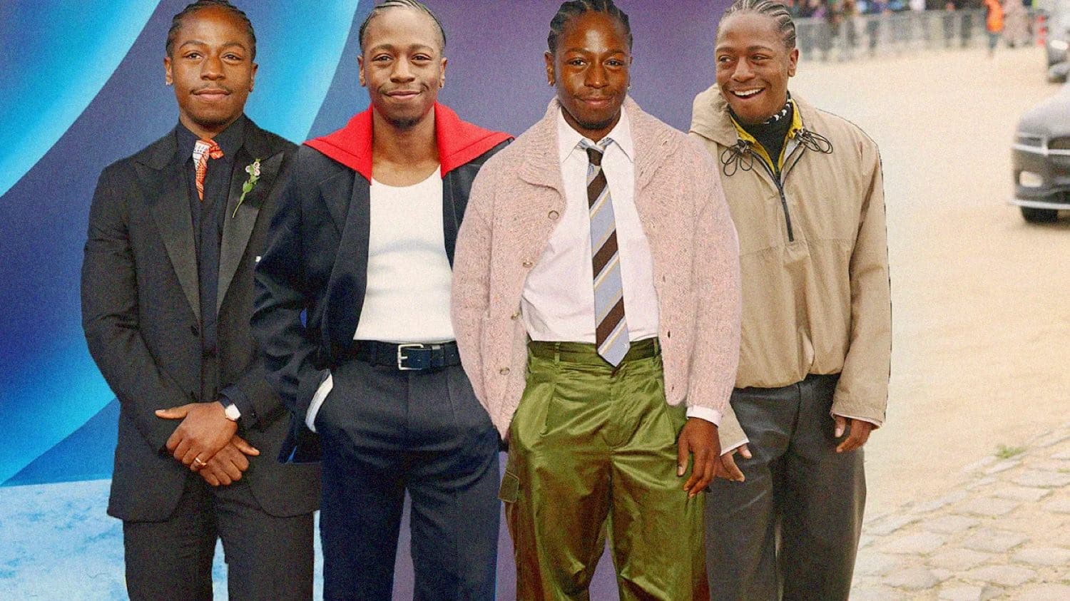 A collage of four David Jonsson red carpet looks, from sharp tailoring to a knitted cardigan with silk trousers