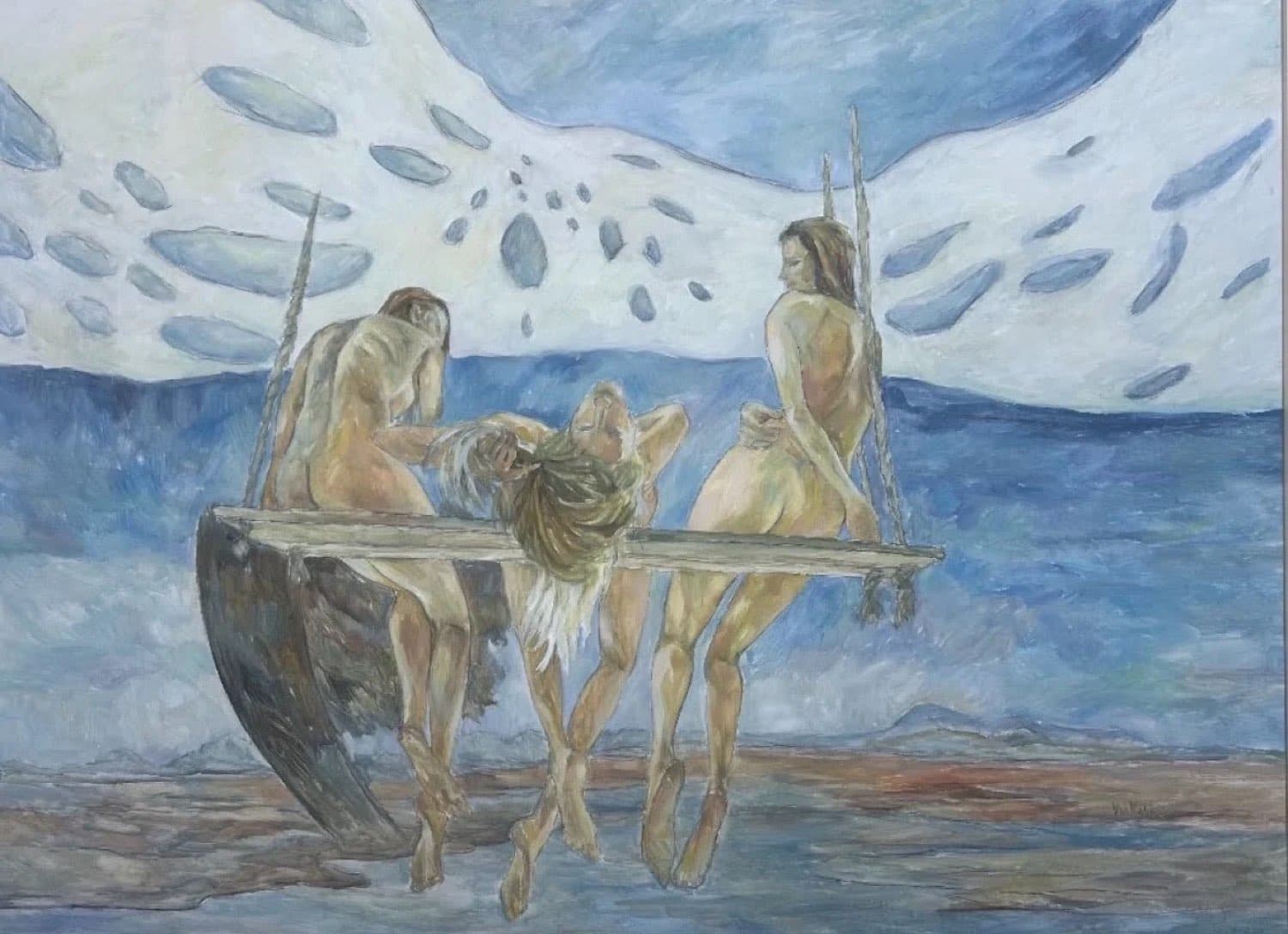 An enigmatic surrealist oil painting by Elena Von Kohn of figures on a plank suspended over water beneath a pale sky